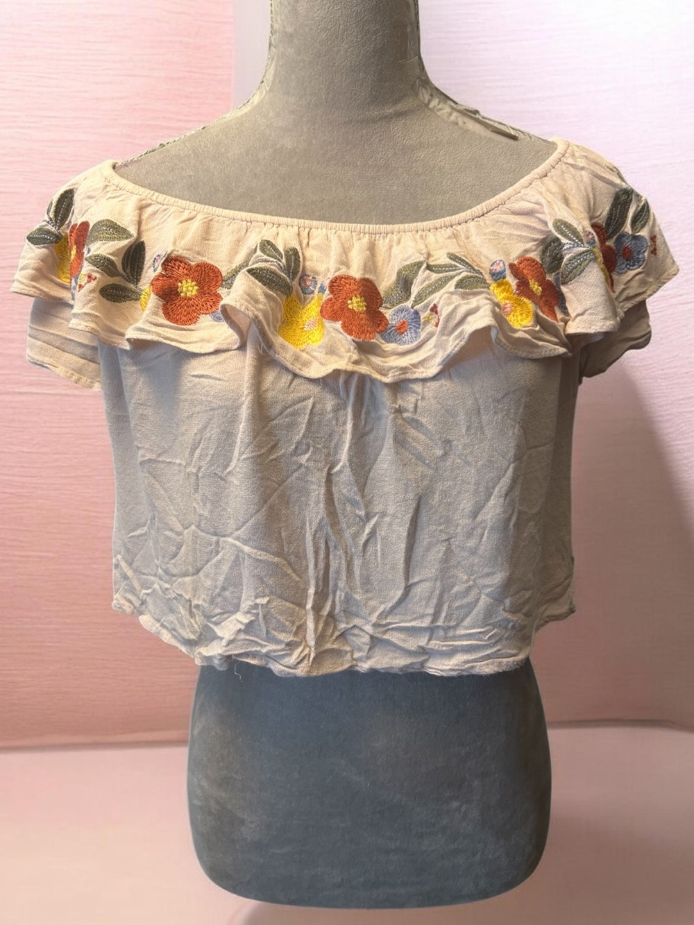Blush Cream Off-Shoulder Floral Ruffle Crop Top